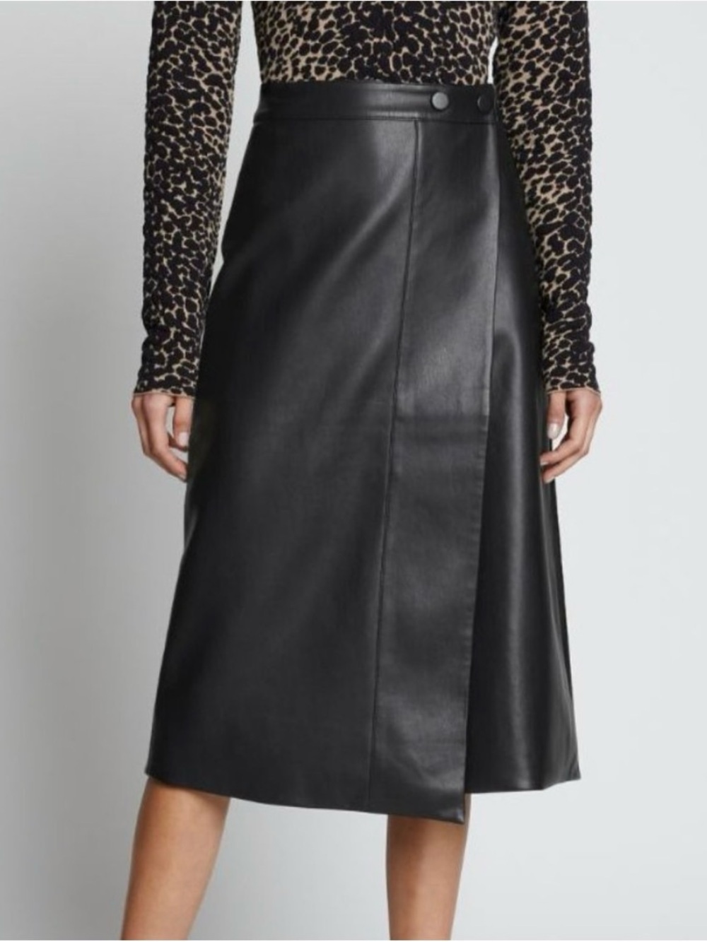 Proenza Schouler White Label Vegan Leather Wrap MIDI Skirt Black Buttons